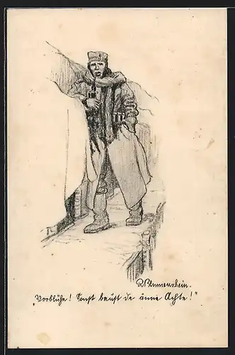 Künstler-AK Soldat mit Pfeife im Schützengraben