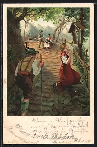Lithographie Wanderer vor einem Flurkreuz