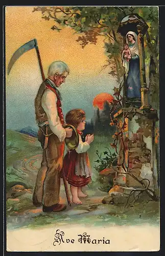 AK Kind betet vor einem Bildstock der Ave Maria