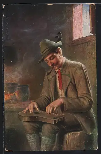 AK Mann in Tracht spielt Zither, Pfeife