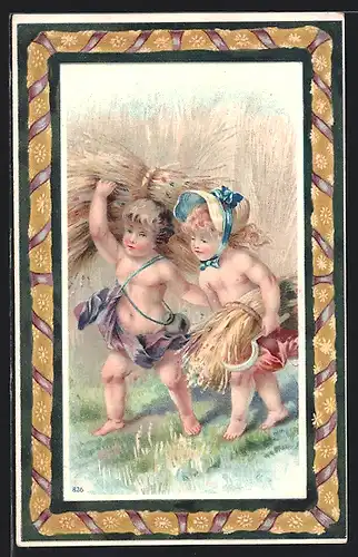 AK Kleines nacktes Pärchen mit Getreide auf dem Arm