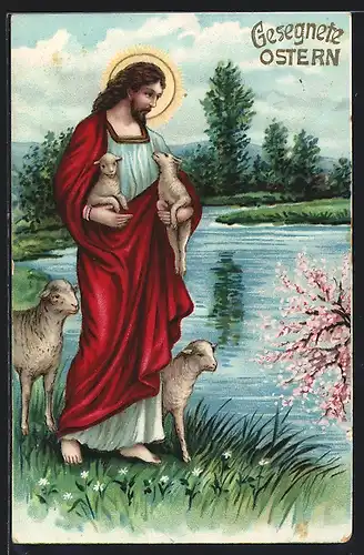 Künstler-AK Jesus mit Osterlämmern im Arm auf einer Frühlingswiese