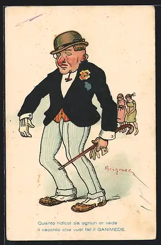 Künstler-AK Mann im Anzug mit geschlossenen Augen und Gehstock