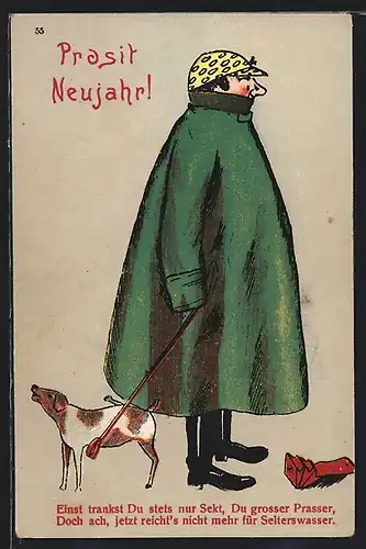Künstler-AK Mensch mit leerem Geldbeutel und Hund an der Leine
