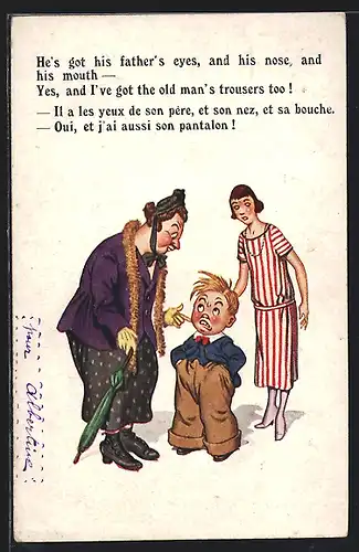 AK Kleines Kind hat die Hosen von seinem Vater angezogen