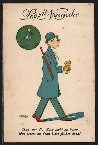 Künstler-AK Reicher Mann denkt an seine Zeit als Kellner zurück