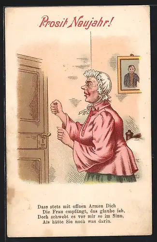 Lithographie Frau wartet auf ihren Mann, um ihn zu empfangen