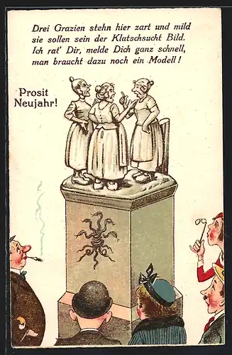 Künstler-AK Statue von Frauen die viel reden wird von Menschen beäugt