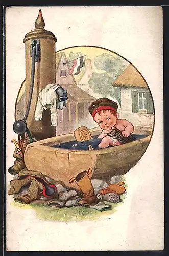 Künstler-AK Kleiner Soldat sitzt in einer Wanne und wäscht sich