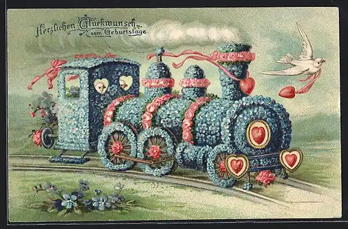 AK Blumenbild, Weisse Taube mit Herz vor Lokomotive