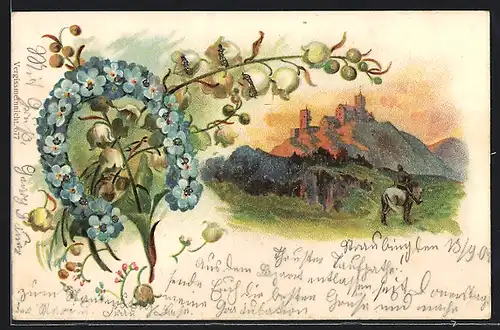 Lithographie Hufeisen aus Vergissmeinnichtblumen, Burg in Dämmerung