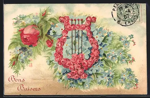 Präge-AK Lyra aus Rosenblüten gebettet auf Blumenwiese