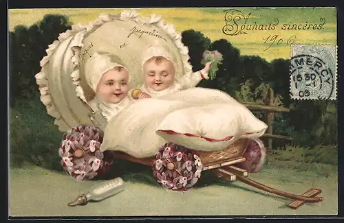 AK Fröhliches Neujahr mit Kleinkindern im Bettchen