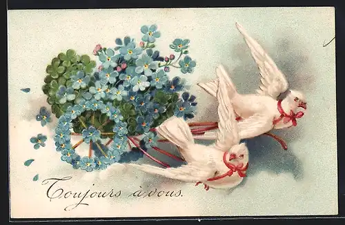 Präge-AK Tauben ziehen einen Wagen aus Glücksklee und Vergissmeinnicht