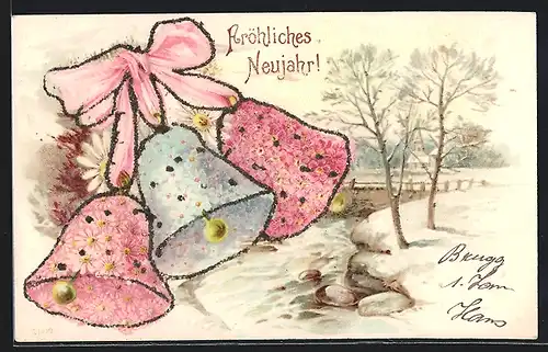 Lithographie Glocken aus rosanen Blumen und Vergissmeinnicht in einer Winterlandschaft