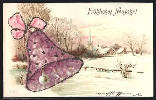 AK Glocke aus Blumen in winterlicher Landschaft, Neujahrsgruss