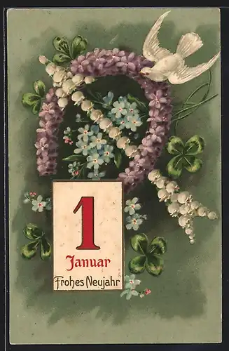 Lithographie Frohes Neujahr, Kalenderblatt 1 Januar, Blütenpfeil und Hufeisen
