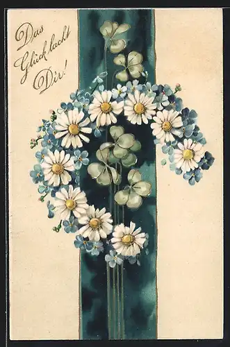 Präge-AK Margeriten und Vergissmeinnicht bilden ein Hufeisen