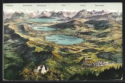 AK Lenzburg /Seetal, Ortsansicht mit Luzern u. Aesch gegen die Alpen: Pilatus, Titlis und Windgelle