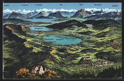 AK Lenzburg /Seetal, Ortsansicht mit Luzern u. Aesch, Pilatus, Titlis und Windgelle