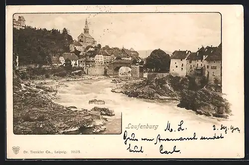 AK Laufenburg, Partie an der Stromschnelle vor der Stadt, alte Häuser an der Brücke