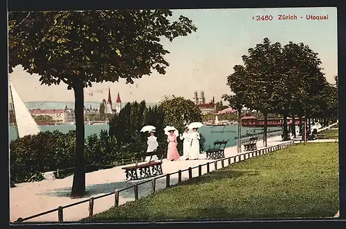 AK Zürich, Utoquai mit Wasserblick, Damen mit Sonnenschirmen