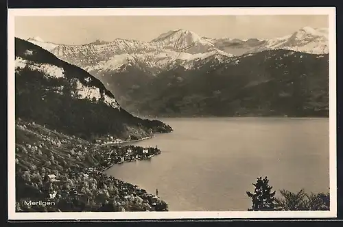 AK Merligen, Ortsansicht mit Wasserblick und Bergpanorama