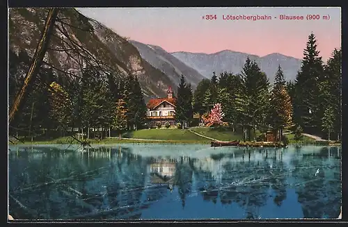 AK Blausee /Lötschbergbahn, See, Turmhaus und Berge