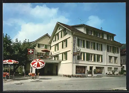 AK Unteriberg, Gasthaus-Metzgerei Schützenhaus J. Kläger-Fässler, Strassenansicht mit Aussentischen