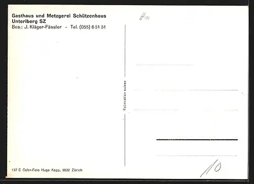 AK Unteriberg, Gasthaus-Metzgerei Schützenhaus J. Kläger-Fässler, Strassenansicht mit Aussentischen