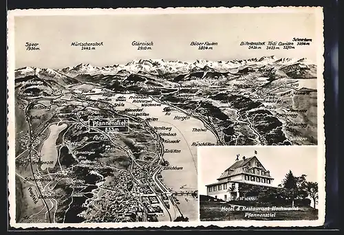 AK Pfannenstiel, Hotel-Restaurant Hochwacht, Landkarte mit Umgebung und Bergpanorama