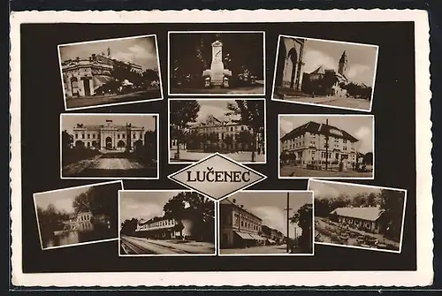 AK Lucenec, Blick auf Denkmal, Strassenpartie mit Kirche