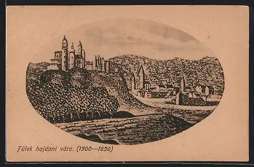 AK Fülek, Ortsansicht mit Burg