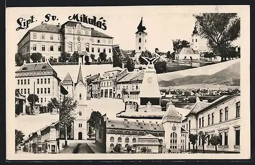 AK Lipt. Sv. Mikulás, Am Denkmal, Strassenpartie mit Kirche