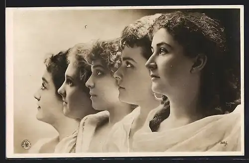 Foto-AK NPG Nr. 385 /1: Portraits von fünf schönen Frauen mit in die Ferne gerichtetem Blick