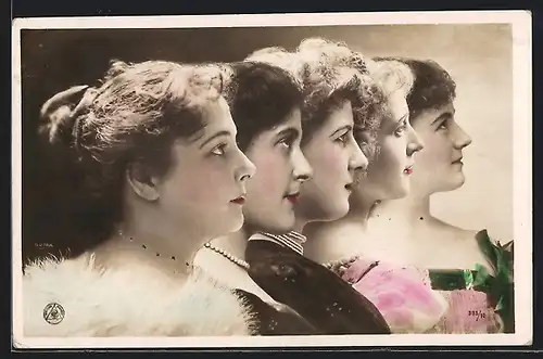 Foto-AK NPG Nr. 385 /10: Fünf hübsche Damen im Profil gestaffelt