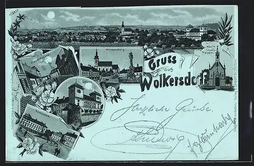 Mondschein-Lithographie Wolkersdorf, Schloss, Maria Lourds-Kapelle, Volksschule, Hauptstrasse