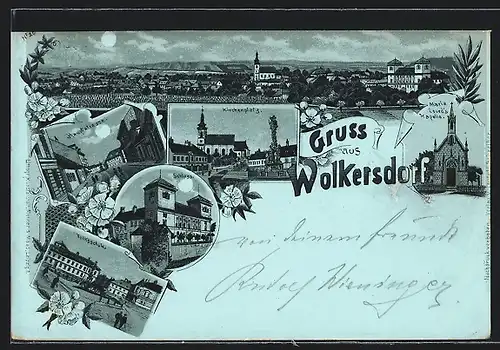 Mondschein-Lithographie Wolkersdorf, Schloss, Maria Lourds-Kapelle, Volksschule, Hauptstrasse