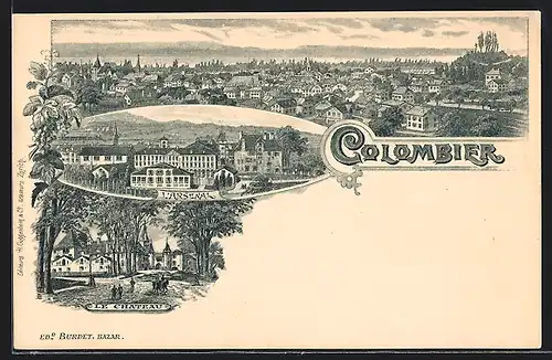 Lithographie Colombier, Le Chateau, L`Arsenal, Panoramablick auf die Stadt