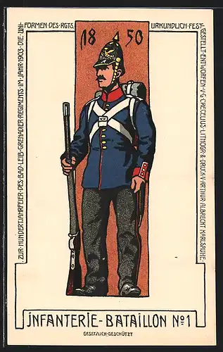 Lithographie Karlsruhe, Soldat des Infanterie-Bataillon No. 1 in Uniform von 1850