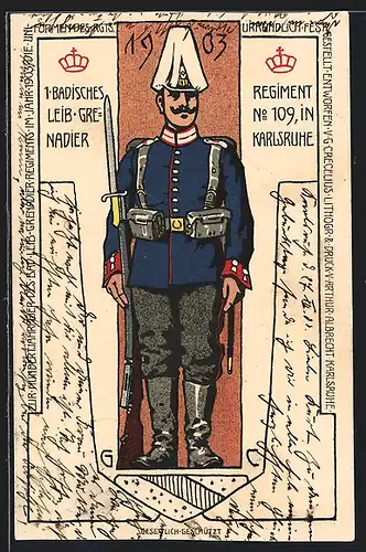 Lithographie Karlsruhe, 1. Badisches Leib Grenadier-Regiment No. 109, 1903