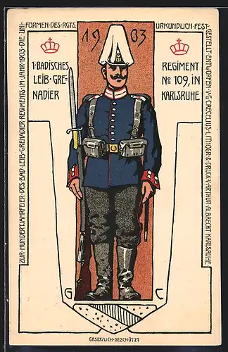 Lithographie Karlsruhe, 1. Badisches Leib Grenadier-Regiment No. 109, 1903