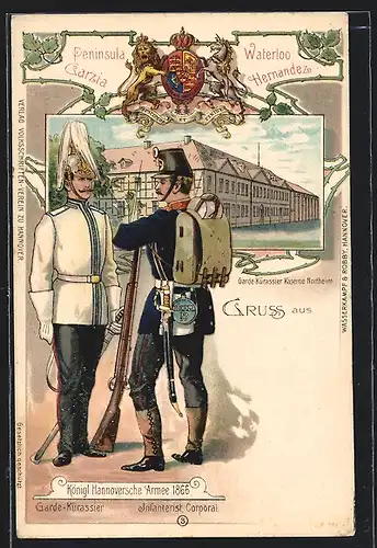 Lithographie Hannover, Kgl. Hannoversche Armee 1866, Garde-Kürassier, Infanterist Corporal