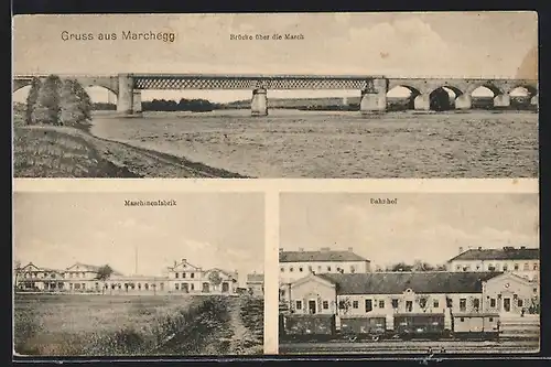 AK Marchegg, Bahnhof, Marchbrücke und Maschinenfabrik