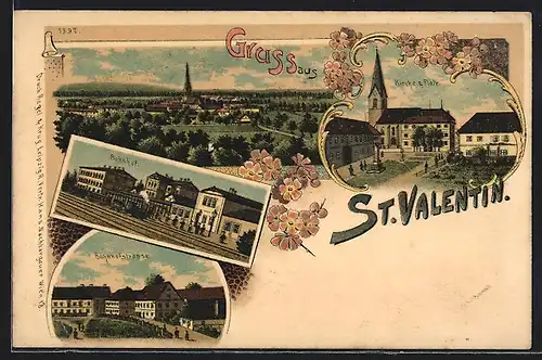 Lithographie St. Valentin, Kirche & Platz, Bahnhof, Bahnhofstrasse