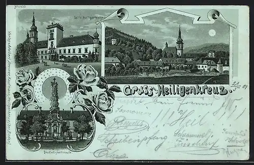 Mondschein-Lithographie Heiligenkreuz, Stift, Dreifaltigkeitssäule, Teilansicht vom Ort