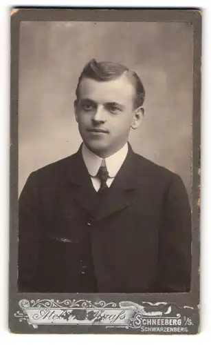 Fotografie Emil Maass, Schneeberg i. Sa., junger Mann Emil im Anzug mit Tolle