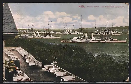 AK Kiel, Kriegshafen mit Kriegsschiffen von Bellevue gesehen