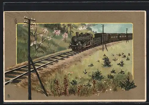 AK Fröhliche Pfingsten, Eisenbahn fährt durch Frühlingslandschaft