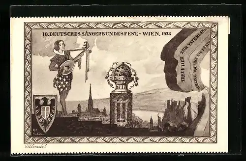 AK Wien, 10. Deutsches Sänger-Bundes-Fest 1928, Wappen & Barde mit Laute
